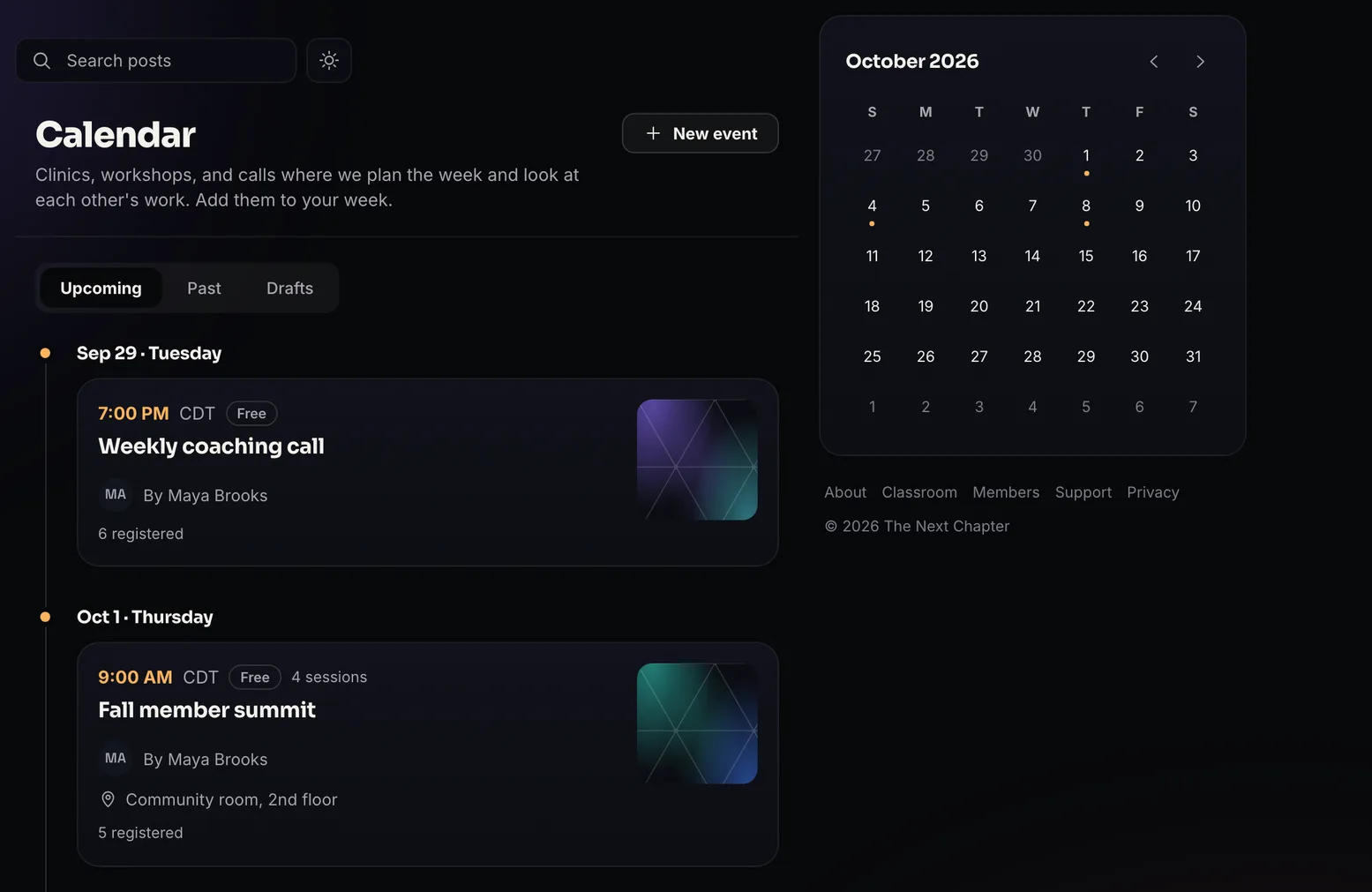 The calendar page: an upcoming list with two event cards, each with a time, a Free badge, a host and a registered count, one with four sessions and a venue, beside an October month grid.