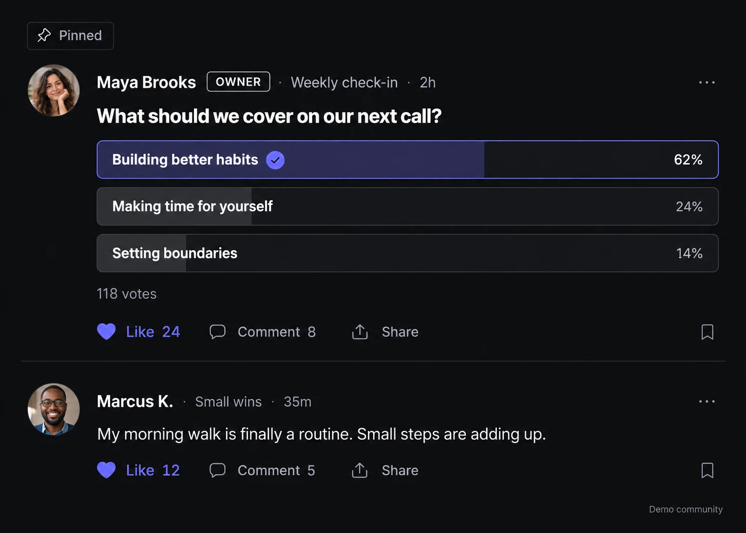 A pinned poll post from Maya Brooks asking what to cover on the next call, with three options and their percentages, and a short post from Marcus K. below it.