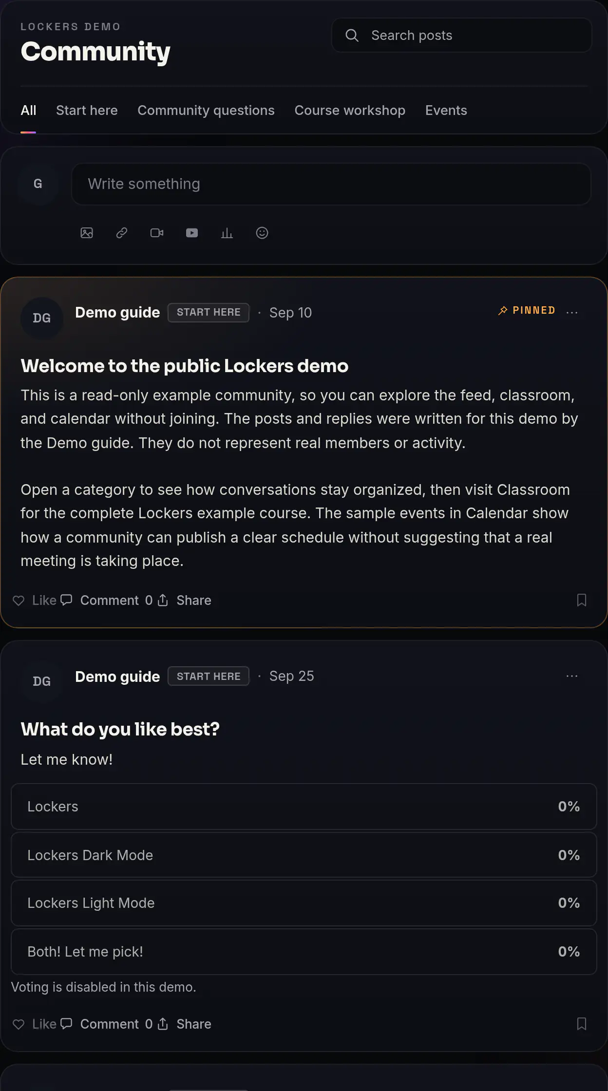 The Lockers demo community feed, with category tabs, a post box, and a welcome post from the Demo guide.