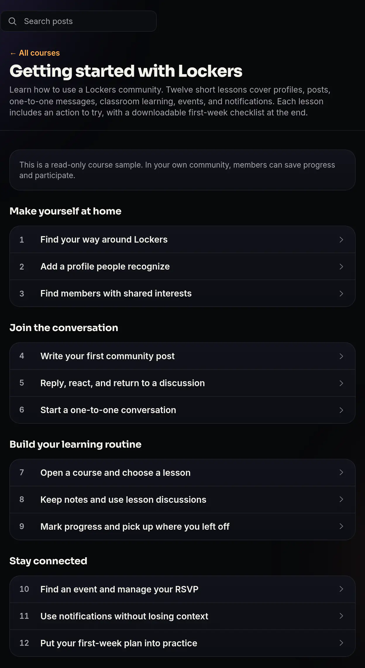 The Getting started with Lockers course page, listing four modules and the lessons inside them.