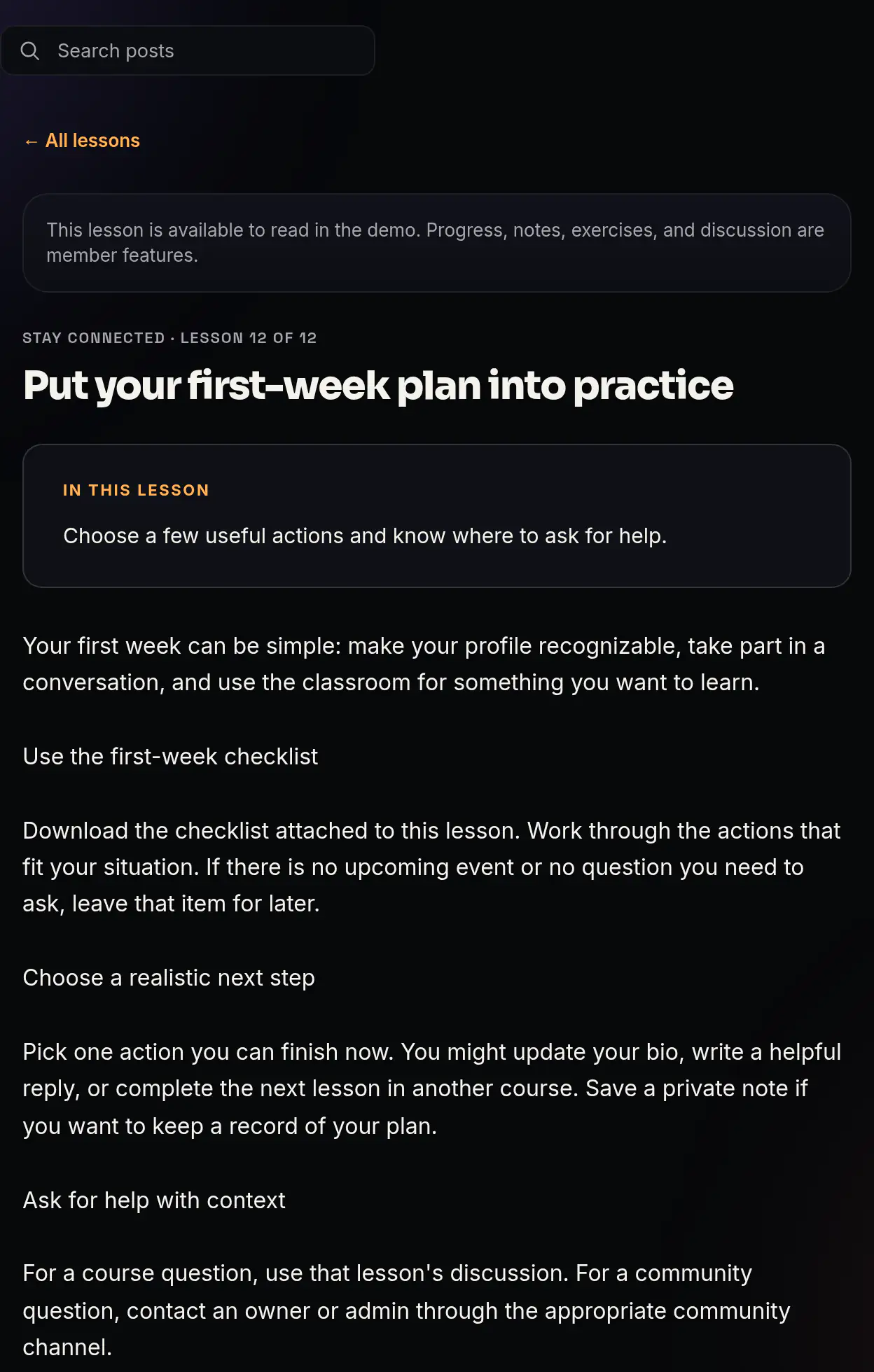 The lesson Put your first-week plan into practice, with a checklist members can download.