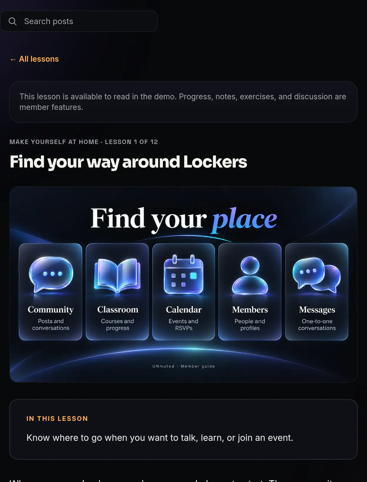 The lesson Find your way around Lockers, with the lesson text and a link to the next lesson.